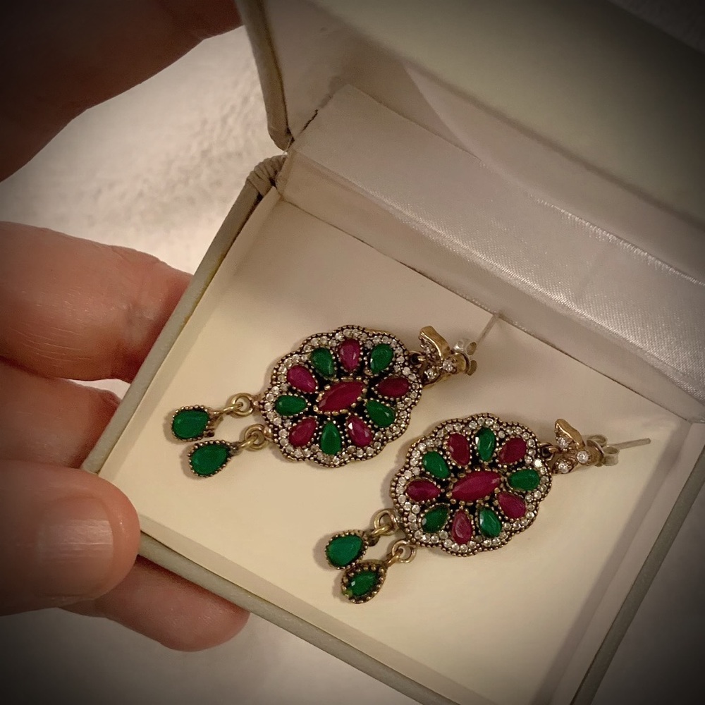 Ruby Emerald Dangle Earrings Solid 925 Silver/Gold - image 6